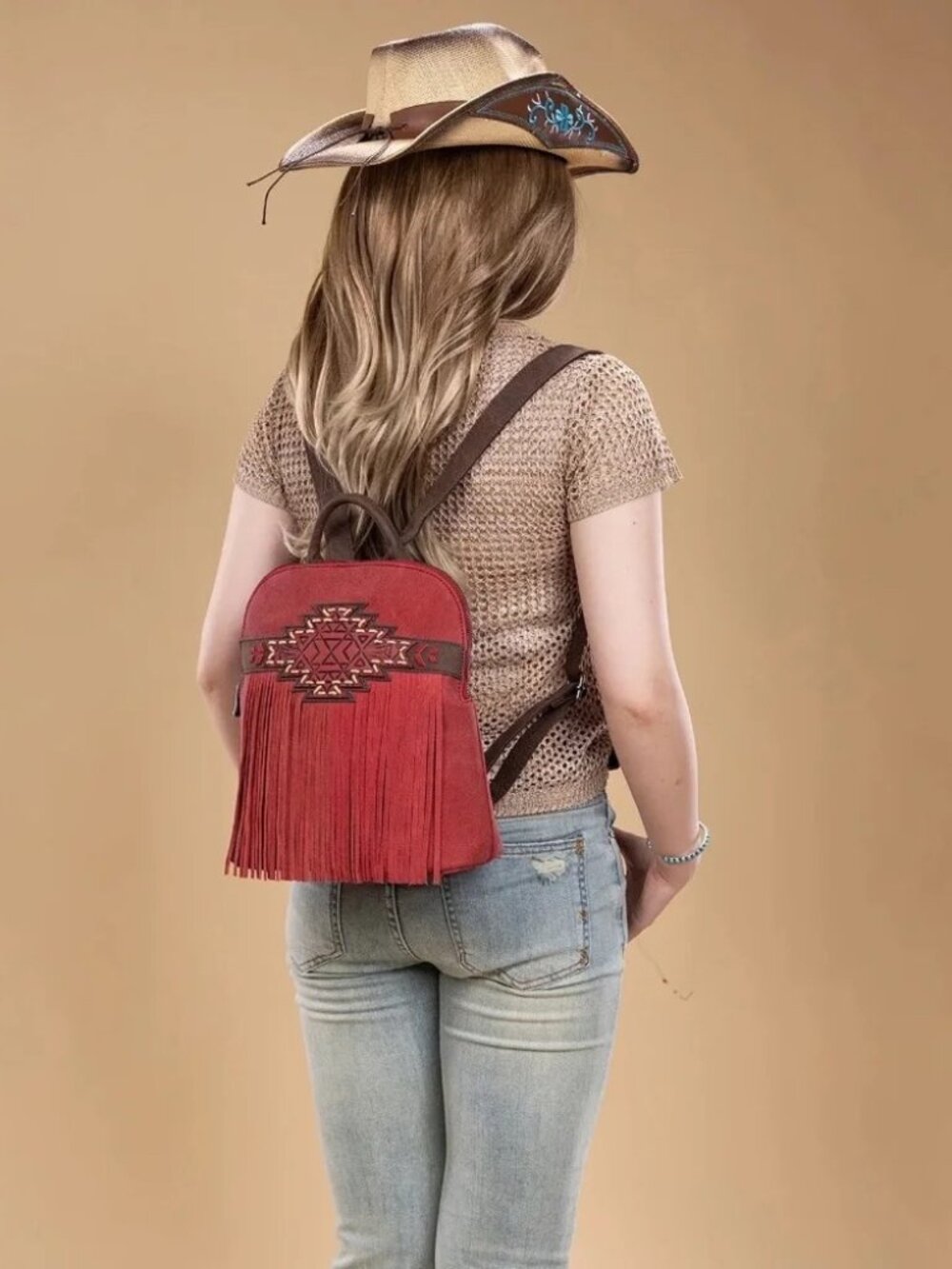 Trinity Ranch Aztec Tooled Fringe Concealed Carry Backpack Burgundy